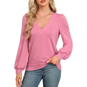 Womens V Neck Long Sleeve Shirts Casual Puff Sleeve Tops Fall Trendy Outfits Cute Sort Loose Tee 2024 Winter Blouses