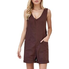 Denim Romper for Women Casual V Neck Jean Romper Sleeveless Loose Denim Jumpsuit with Pockets