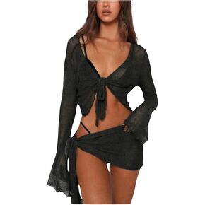 Women's 2 Piece Outfits See Through Tie Front Lettuce Trim Bathing Suit Coverups Beach Cover Up