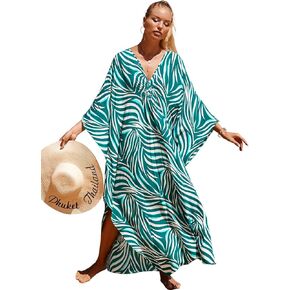 Women's Plus Size Animal Print V-Neck Batwing Kaftan Beach Dress Bathing Suit Cover-Up Loungewear