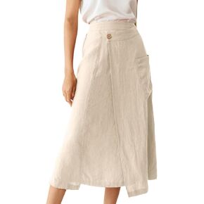 IDEALSANXUN Linen Skirts for Women 2024 Summer Casual Cotton A Line Elastic High Waisted Midi Skirts with Pockets