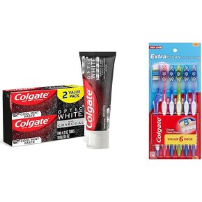Colgate Optic White Charcoal Whitening Toothpaste, Cool Mint, Enamel-Safe with Fluoride, 2 Pack & 360 Optic White Advanced Toothbrush, Medium Toothbrush for Adults,2 Count (Pack of 1)