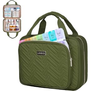 Leudes Travel Pill Bottle Organizer,Medicine Organizer and Storage,Home Medication Bag, Cases,Carrier for Pills,Vitamin,Fish Oil,Supplements for Women and Men (Medium, Army Green)