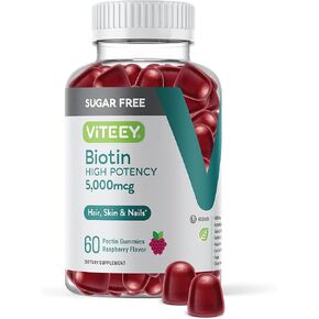 Biotin Gummies for Hair, Skin, and Nails 5,000mcg - Sugar Free - Hair Growth Gummies, Healthy Skin Glow, Strong Healthy Nail Growth - Vegan, Gluten Free, Gelatin Free- Tasty Chewable Raspberry Flavor