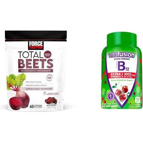 Force Factor Total Beets Chews with Beetroot & Grapeseed Extract Plus Vitafusion B12 Gummies, 90 Count Cherry Flavor