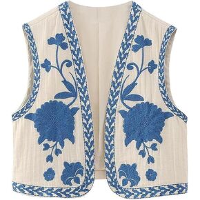 Womens Floral Embroidered Vest Vintage Open Front Outwear Boho Vests Sleeveless Waistcoat