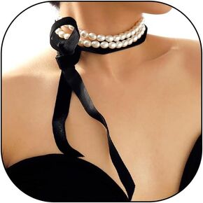 White Pearl Bow Ribbon Necklace,Baroque Charming Dainty Ivory Bead Black Ribbon Choker,Aesthetic Prom Accessories Jewelry Gift for Women Teen Girls