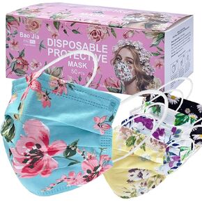 Disposable Floral Print Safety Mask 3 Layer Protection Face Mask for Adults 50 pcs