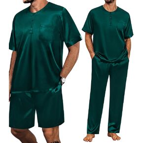 SWOMOG Mens Satin Pajama Sets 3 Pieces Silky Sleepwear Classic Short-Sleeve Pjs Sets Long Pants & Shorts with Pockets