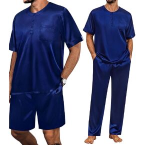 SWOMOG Mens Satin Pajama Sets 3 Pieces Silky Sleepwear Classic Short-Sleeve Pjs Sets Long Pants & Shorts with Pockets