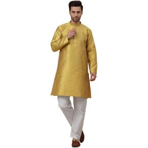 Men's Silk Blend Geometric Jacquard Kurta With White Elastic Waistband Pyjama Set, Ethnic Traditional Wear