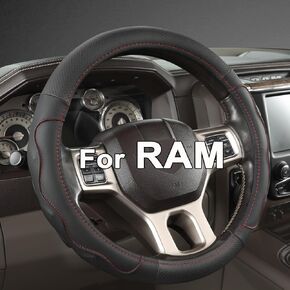 West Llama Customized Auto Car Steering Wheel Cover with 3D Texture for Dodge RAM 1500 2500 3500, 15.5-16 inch (Black+Red-Large Size)