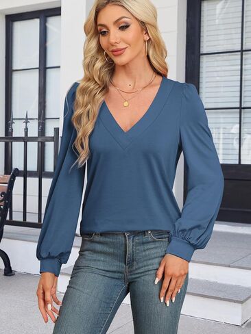 Womens V Neck Long Sleeve Shirts Casual Puff Sleeve Tops Fall Trendy Outfits Cute Sort Loose Tee 2024 Winter Blouses in Saudi Arabia