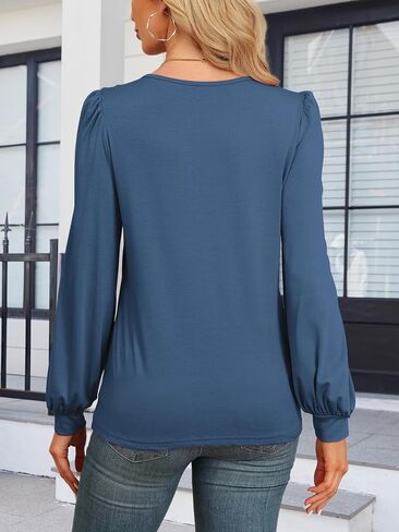 Womens V Neck Long Sleeve Shirts Casual Puff Sleeve Tops Fall Trendy Outfits Cute Sort Loose Tee 2024 Winter Blouses in Saudi Arabia
