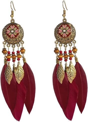 Boho Feather Leaf Dangle Earrings for Women Girls Gold Plated Long Ball Bead Leaf Fringe CZ Enamel Dreamcatcher Statement Charms Drop Dangling Fish Hook Stud Lightweight Antique Bohemian Festival Party Jewelry Gifts in Saudi Arabia
