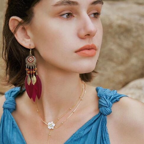 Boho Feather Leaf Dangle Earrings for Women Girls Gold Plated Long Ball Bead Leaf Fringe CZ Enamel Dreamcatcher Statement Charms Drop Dangling Fish Hook Stud Lightweight Antique Bohemian Festival Party Jewelry Gifts in Saudi Arabia