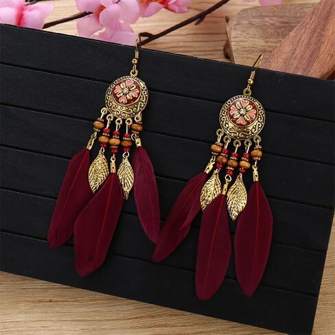 Boho Feather Leaf Dangle Earrings for Women Girls Gold Plated Long Ball Bead Leaf Fringe CZ Enamel Dreamcatcher Statement Charms Drop Dangling Fish Hook Stud Lightweight Antique Bohemian Festival Party Jewelry Gifts in Saudi Arabia