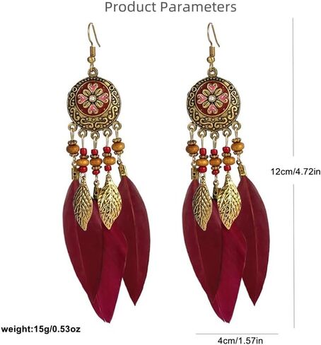 Boho Feather Leaf Dangle Earrings for Women Girls Gold Plated Long Ball Bead Leaf Fringe CZ Enamel Dreamcatcher Statement Charms Drop Dangling Fish Hook Stud Lightweight Antique Bohemian Festival Party Jewelry Gifts in Saudi Arabia