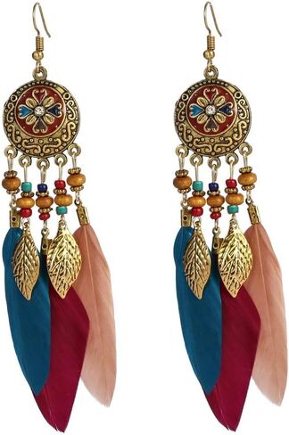 Boho Feather Leaf Dangle Earrings for Women Girls Gold Plated Long Ball Bead Leaf Fringe CZ Enamel Dreamcatcher Statement Charms Drop Dangling Fish Hook Stud Lightweight Antique Bohemian Festival Party Jewelry Gifts in Saudi Arabia