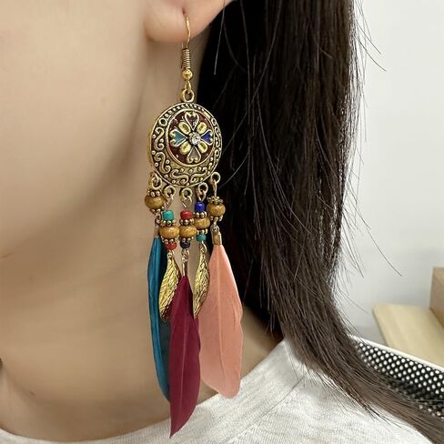 Boho Feather Leaf Dangle Earrings for Women Girls Gold Plated Long Ball Bead Leaf Fringe CZ Enamel Dreamcatcher Statement Charms Drop Dangling Fish Hook Stud Lightweight Antique Bohemian Festival Party Jewelry Gifts in Saudi Arabia