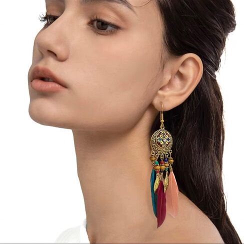 Boho Feather Leaf Dangle Earrings for Women Girls Gold Plated Long Ball Bead Leaf Fringe CZ Enamel Dreamcatcher Statement Charms Drop Dangling Fish Hook Stud Lightweight Antique Bohemian Festival Party Jewelry Gifts in Saudi Arabia
