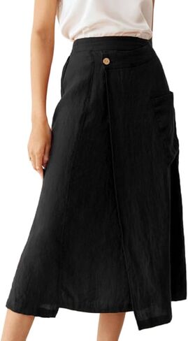 IDEALSANXUN Linen Skirts for Women 2024 Summer Casual Cotton A Line Elastic High Waisted Midi Skirts with Pockets in Saudi Arabia