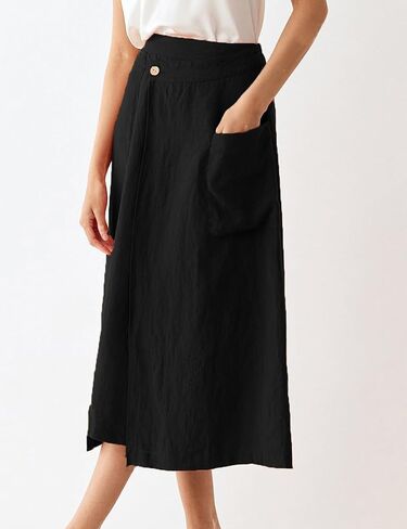 IDEALSANXUN Linen Skirts for Women 2024 Summer Casual Cotton A Line Elastic High Waisted Midi Skirts with Pockets in Saudi Arabia