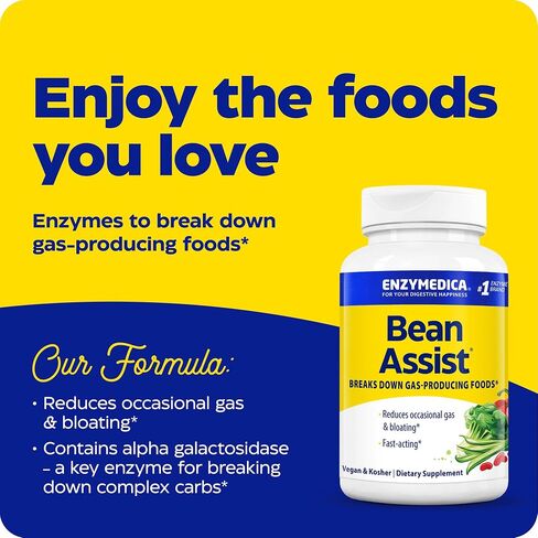 Enzymedica, BeanAssist, Digestive Enzymes to Break Down Gas-Producing Foods, Reduces Occasional Gas & Bloating, 30 Count in Saudi Arabia