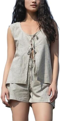 Women Tie Front Sets Y2k 2 Piece Lace Up Tank Top High Waist Shorts Pjs Set 2024 Summer Matching Outfit Set in Kuwait