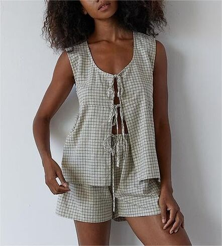 Women Tie Front Sets Y2k 2 Piece Lace Up Tank Top High Waist Shorts Pjs Set 2024 Summer Matching Outfit Set in Kuwait