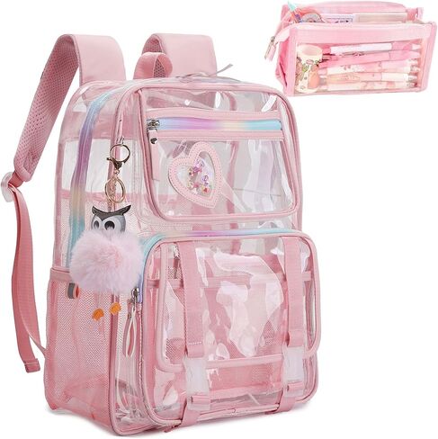 Clear Backpack, Clear Bookbag with Pencil Bag Heavy Duty See Through Bag for Primary Students Teenagers College Work Travel (Clear Bag Beige) in Saudi Arabia