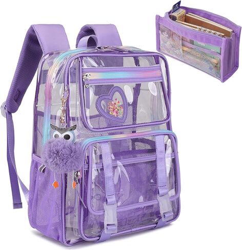 Clear Backpack, Clear Bookbag with Pencil Bag Heavy Duty See Through Bag for Primary Students Teenagers College Work Travel (Clear Bag Beige) in Saudi Arabia