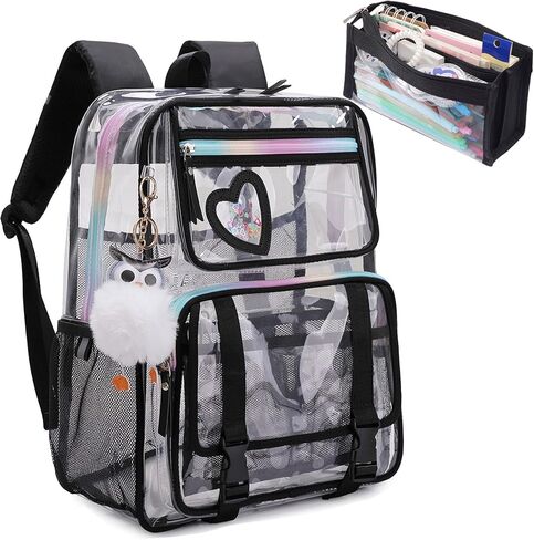 Clear Backpack, Clear Bookbag with Pencil Bag Heavy Duty See Through Bag for Primary Students Teenagers College Work Travel (Clear Bag Beige) in Saudi Arabia
