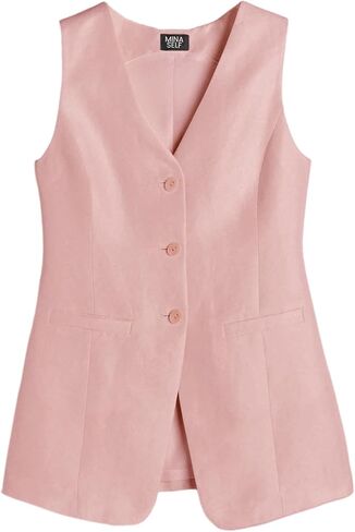 2024 Summer Long Linen Vest Blazer Y2K V-Neck Lightweight Fashion Casual Button Fully Lined Jackets Tops with Pockets in Kuwait