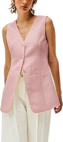 2024 Summer Long Linen Vest Blazer Y2K V-Neck Lightweight Fashion Casual Button Fully Lined Jackets Tops with Pockets in Kuwait