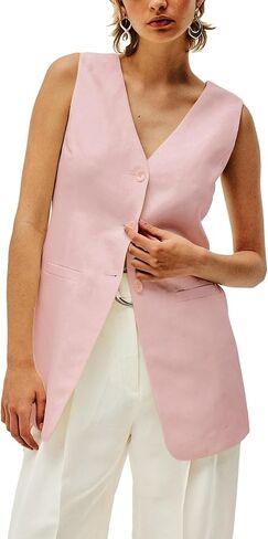 2024 Summer Long Linen Vest Blazer Y2K V-Neck Lightweight Fashion Casual Button Fully Lined Jackets Tops with Pockets in Kuwait