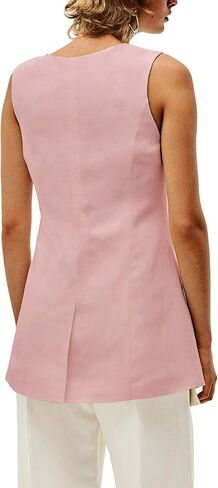 2024 Summer Long Linen Vest Blazer Y2K V-Neck Lightweight Fashion Casual Button Fully Lined Jackets Tops with Pockets in Kuwait