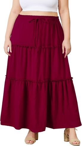 Moon Wood Women's Plus Size Maxi Skirt High Waisted Pleated A Line Flowy Tiered Long Skirts with Pockets in Saudi Arabia
