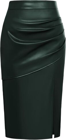 Kate Kasin Women's Faux Leather Skirts Front Slit Ruched Tummy Control High Waist Bodycon Midi Pencil Skirt S-XXL in Saudi Arabia