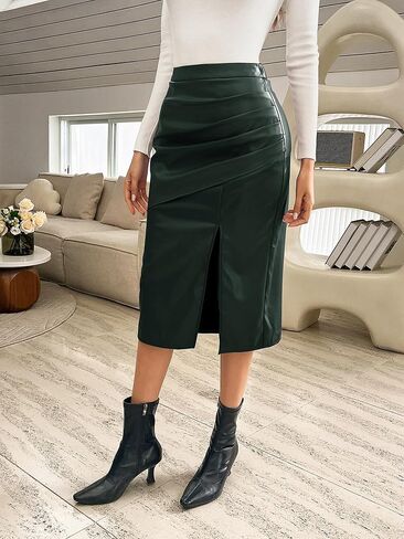 Kate Kasin Women's Faux Leather Skirts Front Slit Ruched Tummy Control High Waist Bodycon Midi Pencil Skirt S-XXL in Saudi Arabia