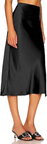 Midi Silk Skirt Women's Spring Summer Satin High Waist Side Split Ruffle A-line Long Skirts in Saudi Arabia