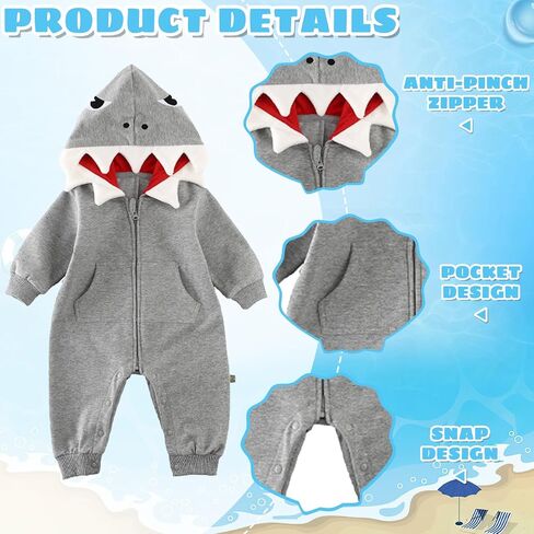 Baby Boy Girl Shark Costumes Halloween Onesie Cartoon Hooded Romper Jumpsuit Outfit Zip Bodysuit Infant Toddler in Saudi Arabia