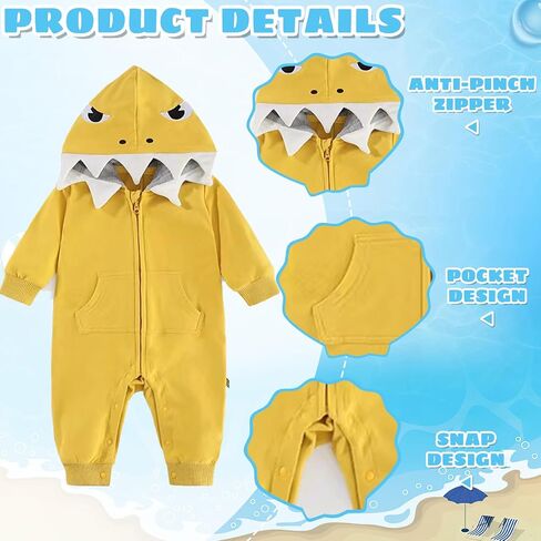 Baby Boy Girl Shark Costumes Halloween Onesie Cartoon Hooded Romper Jumpsuit Outfit Zip Bodysuit Infant Toddler in Saudi Arabia