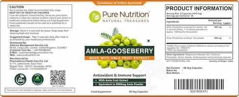Pure Nutrition Amla Extract 1000mg. (Equivalent to 8000mg Amla Fruit Powder) Non GMO | 120 Veg Caps. in Kuwait
