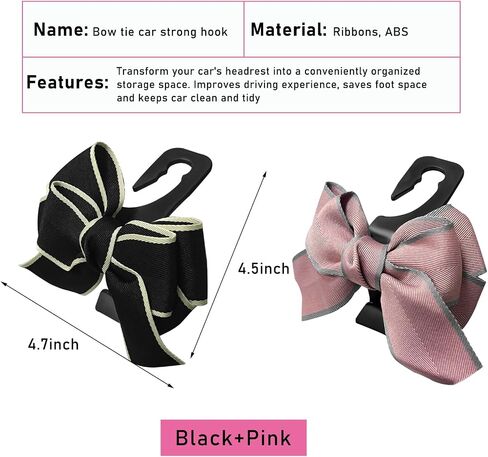 2 PCS Car Seat Headrest Hook, Cute Bow Knot Auto Seatback Hanger Storage Organizer, Vehicle Back Seat Hanging Hooks for Purse Coat Umbrella, Interior Decor Car Accessories (Black) in Saudi Arabia