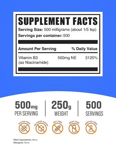 BulkSupplements.com Niacinamide Powder - Niacinamide Supplement, Vitamin B3 Supplement, Niacinamide 500mg - B3 Vitamins for Skin Health, Pure & Gluten Free - 500mg per Serving, 500g (1.1 lbs) in Saudi Arabia