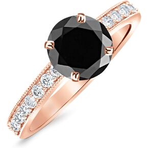 1.05 Carat 14K White Gold Classic Side Stone Pave Set With Milgrain Diamond Engagement Ring with a 0.75 Carat Black Diamond Center (Heirloom Quality)