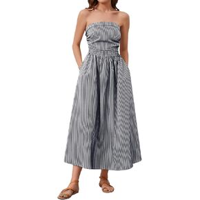 Striped Strapless Maxi Dress for Women Sleeveless Flowy Long Dress Summer Casual Tube Dress with Pockets