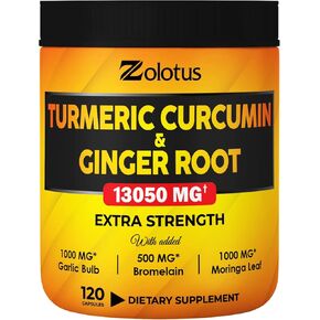 6 in 1 Turmeric Curcumin + Ginger Capsules, 95% Curcuminoids, Equivalent to 13050mg, with Ginger, Garlic Bulb, Bromelain, Moringa, Black Pepper, Joint & Absorption Support - 60 Capsules