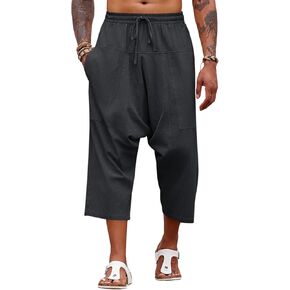 Runcati Mens Harem Capri Pants Casual Cotton 3/4 Shorts Elastic Waist Summer Beach Hippie Yoga Trousers